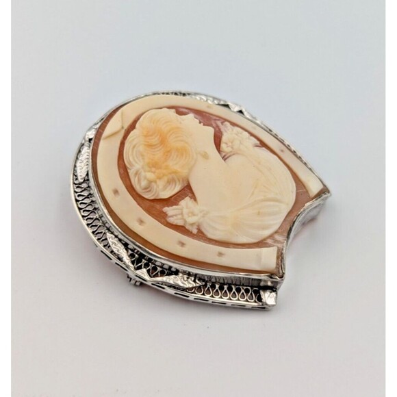 Vintage Sterling Silver 925 Shell Cameo Carved Brooch Horseshoe Shape Rare - Picture 4 of 16